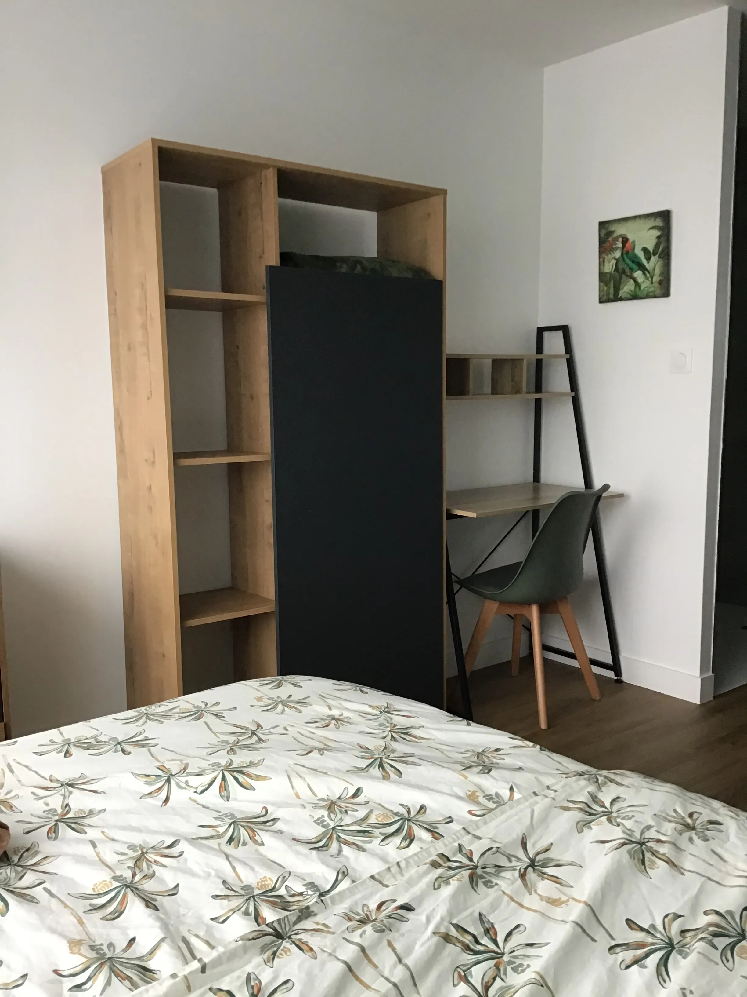 Chambre Vert jungle : étagères, penderie et bureau