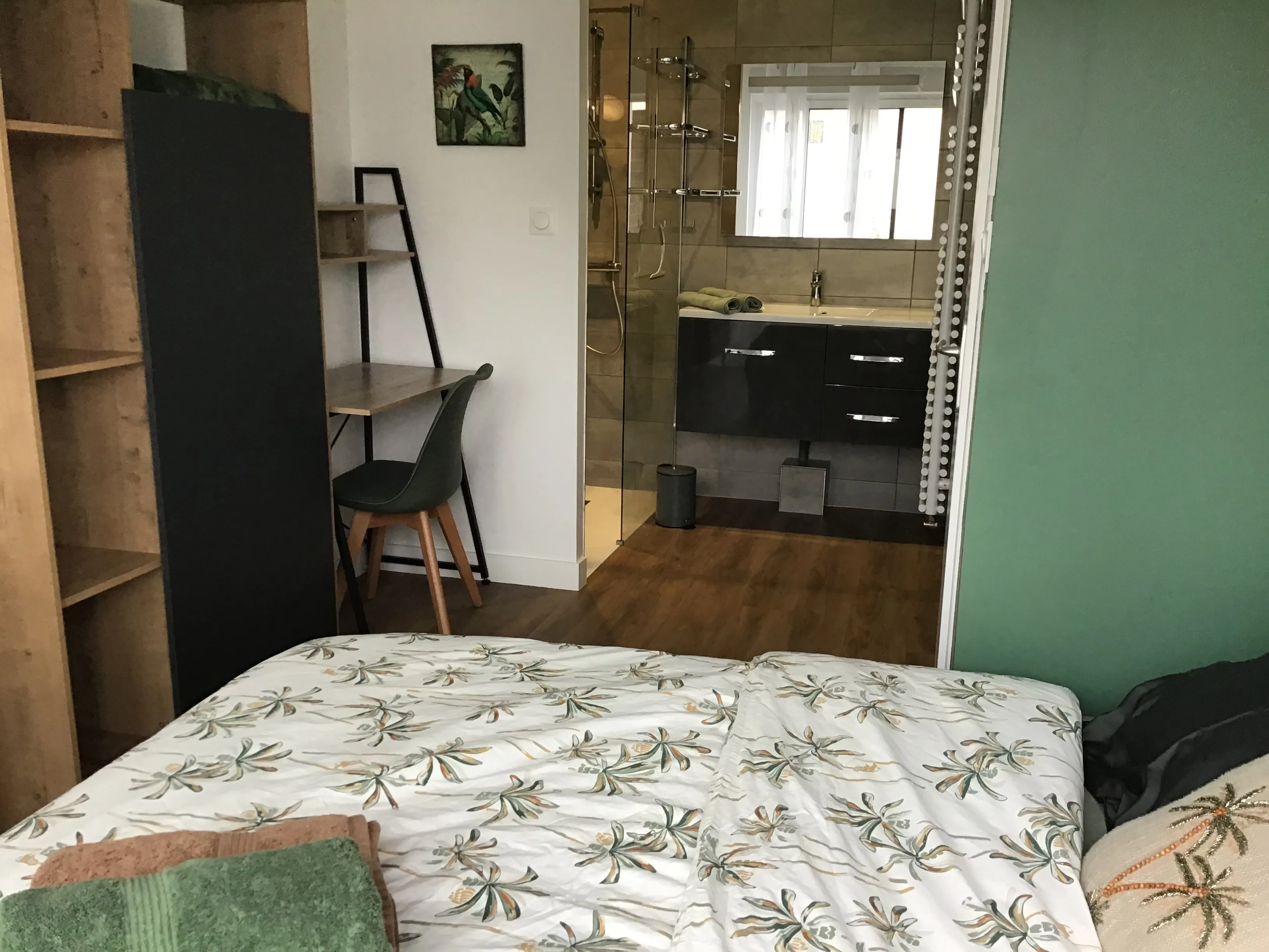 Chambre Vert jungle : vue sur la salle d’eau privative